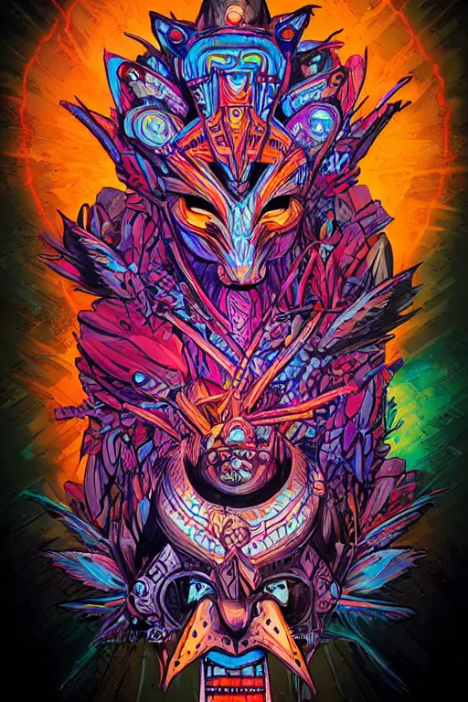 Image similar to totem animal tribal chaman vodoo mask feather gemstone plant wood rock video game illustration vivid color borderlands by josan gonzales and dan mumford radiating a glowing aura