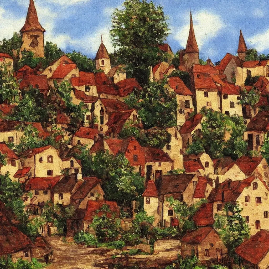 Prompt: Medieval village, Bob Ross painting