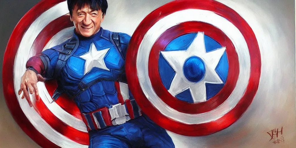 Image similar to jackie chan holds captain america's shield ， oil painting