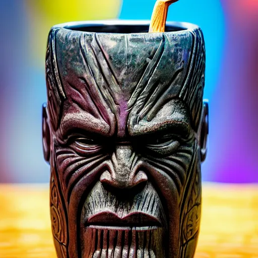 Image similar to a closeup photorealistic photograph of a glossy thanos style tiki mug sitting at a trader vic's bar featuring the face of thanos. tiki party. bright scene. fine detail. this 4 k hd image is trending on artstation, featured on behance, well - rendered, extra crisp, features intricate detail, epic composition and the style of unreal engine.