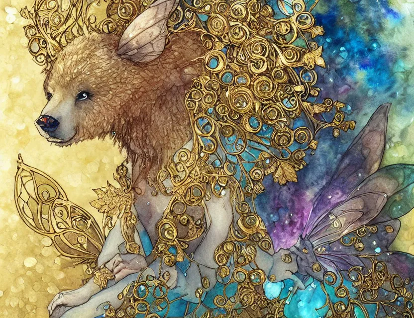 Prompt: faerie bear in a crystal cave. this watercolor and gold leaf work by the award - winning comic artist has a beautiful composition and intricate details.