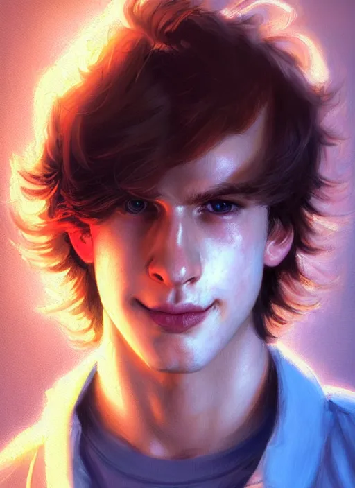 Prompt: portrait of teenage jason blossom, cleft chin, bangs, 1 9 8 0 s, mischievous expression, evil smirk, bangs and wavy hair, bangs, intricate, elegant, glowing lights, highly detailed, digital painting, artstation, concept art, smooth, sharp focus, illustration, art by wlop, mars ravelo and greg rutkowski