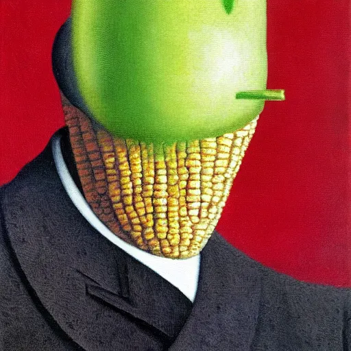 Image similar to The Son of Man painting by Rene Magritte but with an corn cob instead of an apple