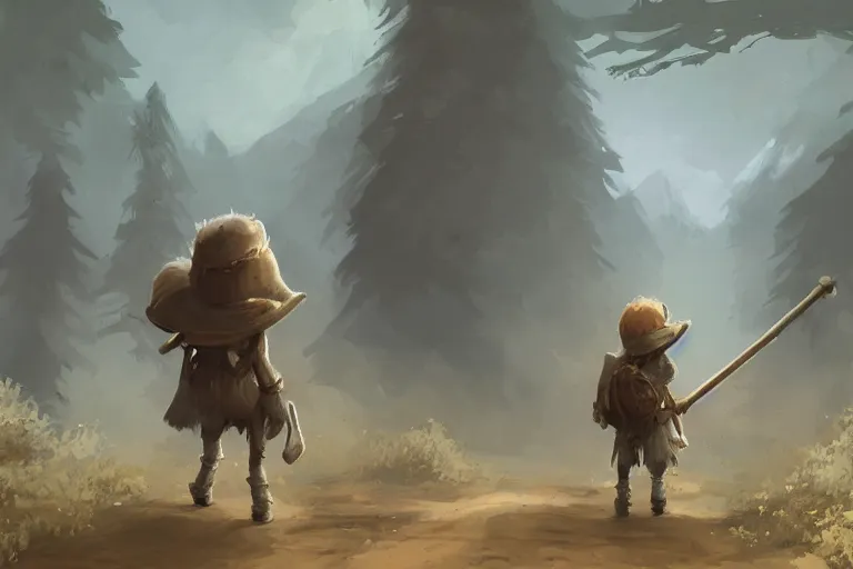 Prompt: a lone brownish whiteish kobold traveling the long dirt road carrying a bindle stick, d & d, fantasy setting, character concept art, 4 k, digital art