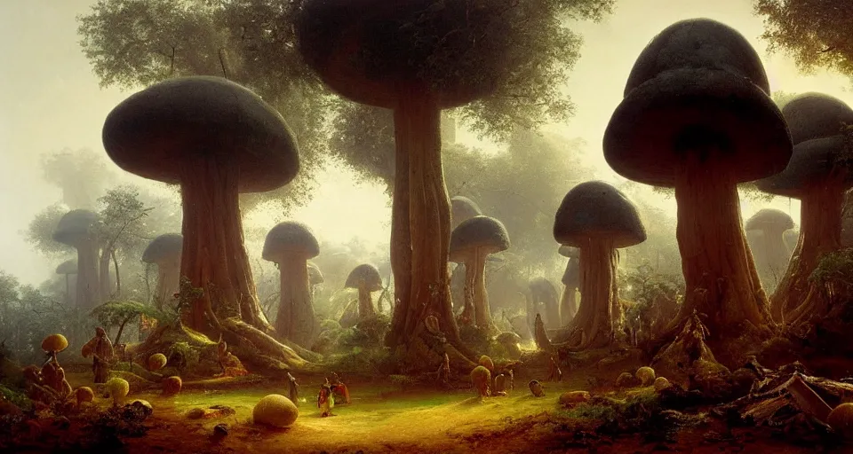 Image similar to A tribal village in a forest of giant mushrooms, by Ivan Aïvazovski,