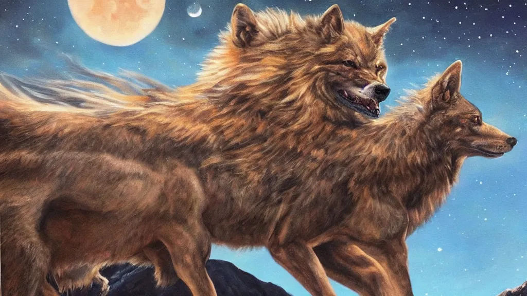 Prompt: epic oil painting of a close up of a highly detailed David Bowie riding a (wolf) at night, on top of a large cliff, with the full moon in the background, highly detailed