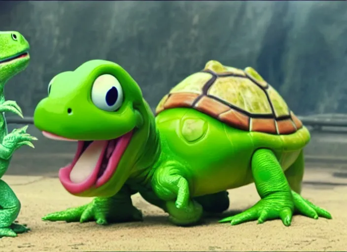 Image similar to film still of yoshi in the new sci - fi movie, cute upright dinosaur with a small turtle shell and long tongue, 8 k