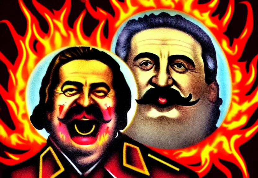 Prompt: mavrodi, stalin killing, stalin eat fresh meat, icon with a halo of fire, scary detailed art in color, 4 k