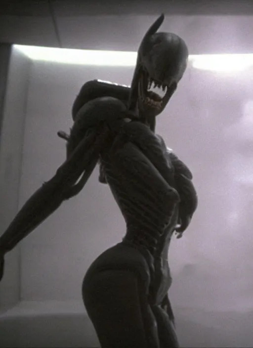 Image similar to cinematic film still of kim kardashian pushed against a wall by an xenomorph in Alien.