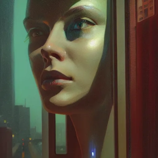 Image similar to detailed face of a woman, moment, cyberpunk cloisters, electronic billboards, tech noir, wet reflections, prism, atmospheric, ambient, pj crook, syd mead, livia prima, greg rutkowski, edward hopper