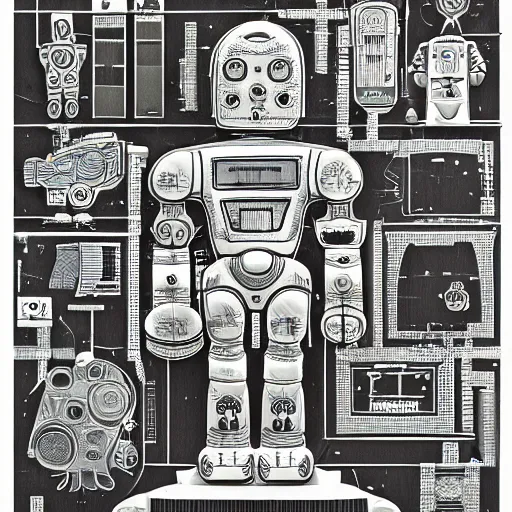 Image similar to a diagram of a robot body with various parts, cyberpunk art by eduardo paolozzi, behance contest winner, computer art, greeble, steampunk, poster art, james turrell, post it note art, optical illusion art, joseph stella, andy warhol, venus of willendorf, vintage robot, robot illustration