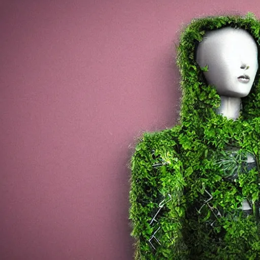 Prompt: futuristic human robot covered with wild plants and ivy, mist, realistic, hd