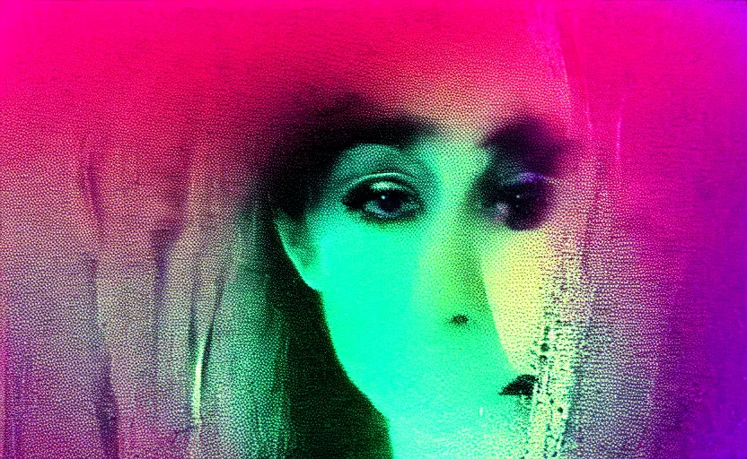 Prompt: vhs glitch art portrat of a woman hidden underneath a sheet, foggy environment, static colorful noise glitch olumetric light, by bekinski, unsettling moody vibe, vcr tape, 1 9 8 0 s analog video, vaporwave aesthetic, directed by david lynch, colorful static, datamosh, pixel stretching