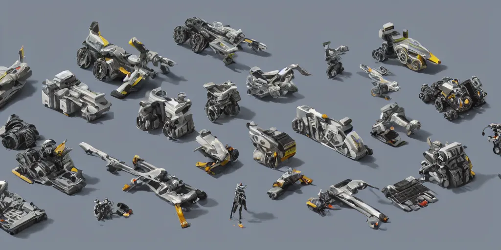 Image similar to Isometric 3d octane render of Mech pieces