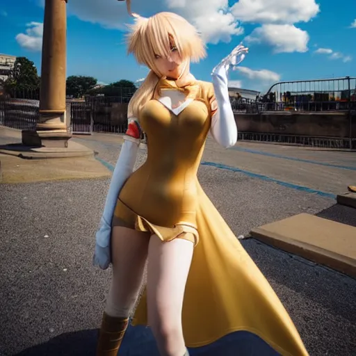 Image similar to blonde - haired princess, anime princess, wearing skinsuit, action pose, parkour, plaza, greco - roman pillars, golden hour, partly cloudy sky, sepia sun, strong lighting, strong shadows, vivid hues, ultra - realistic, sharp details, subsurface scattering, intricate details, hd anime, 2 0 1 9 anime