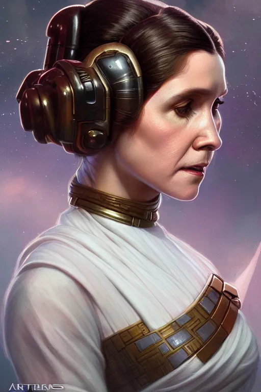 Image similar to portrait of princess leia, star wars, upper body, fantasy, intricate, elegant, highly detailed, digital painting, artstation, concept art, smooth, sharp focus, key light, illustration, art by artgerm and greg rutkowski and alphonse mucha