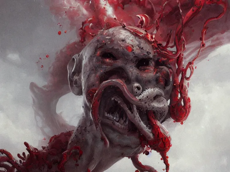 Image similar to painting by greg rutkowski of a flying human head with tears running down it's face face that is chalk white in color, with tentacles coming of the neck, fiery scorching red eyes, flying in a terrying hellish dark cavernous place