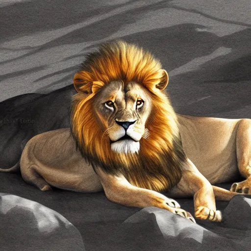 Prompt: Lion resting in the shade, thick outlined 2-4 years, ArtStation, sharp focus, 4k