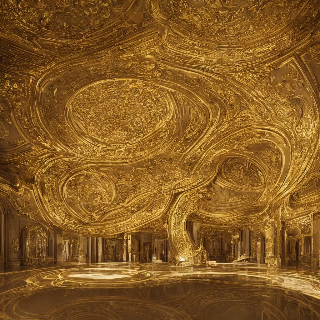 Image similar to an incredibly smooth curvilinear neo baroque interior architectural modern design, a golden pool on the ground, visually highly satisfying architecture render