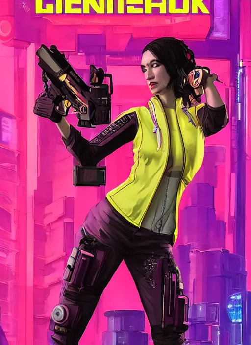 Image similar to beautiful cyberpunk female athlete wearing pink jumpsuit and yellow jacket. firing a futuristic red automatic pistol with huge magazine. ad poster for pistol. cyberpunk poster by james gurney, azamat khairov, and alphonso mucha. artstationhq. gorgeous face. painting with vivid color, cell shading. ( rb 6 s, cyberpunk 2 0 7 7 )