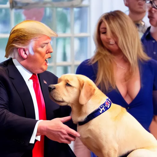 Prompt: Donald Trump petting a Labrador retriever