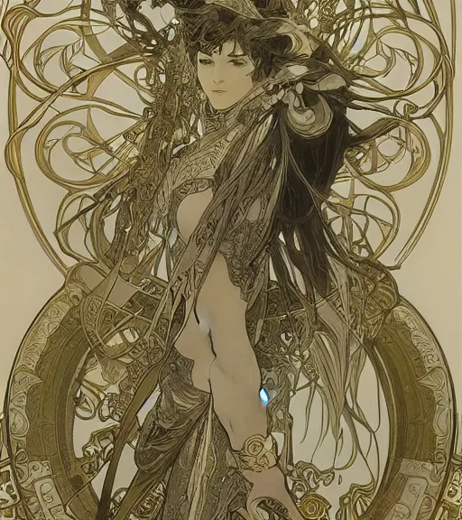 Image similar to alphonse mucha painting of anime woman in armor, pen and ink, intricate line drawings, by craig mullins, ruan jia, kentaro miura, greg rutkowski, loundraw