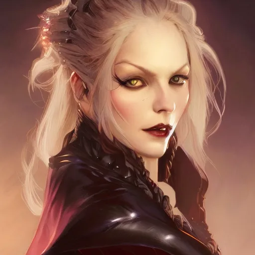 Image similar to Vampire, female, closeup, D&D, fantasy, intricate, elegant, highly detailed, digital painting, artstation, concept art, matte, sharp focus, illustration, hearthstone, art by Artgerm and Greg Rutkowski and Alphonse Mucha