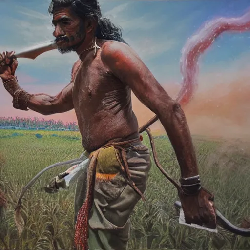 Image similar to portrait of head and body, single bangla farmer fighting on hoseback, hand to hand combat with machete, wielding machete, lungi, full body view, long flowing hair, fighting for his life, nebula aura surrounding subject, horseback combat attacker foreground, background of invading army, nestor canavarro hyperrealist art style, sharp outlines