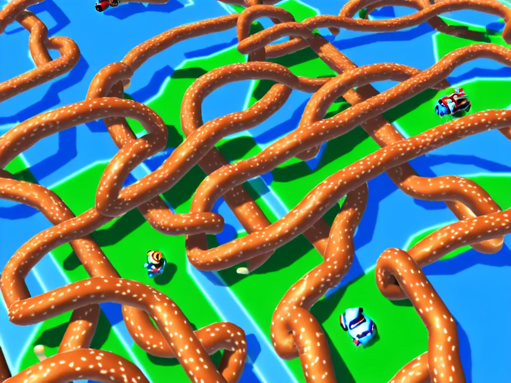 Prompt: pretzel track, mario kart 8 screenshot