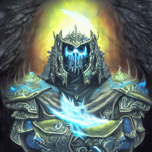 Prompt: the lich king, world of warcraft, in the style of graven tung, digital art, trending on artstation
