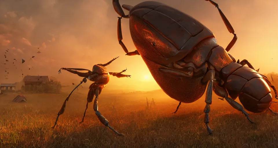 Prompt: giant beetle crush a farm house, close up, hyperdetailed, artstation, cgsociety, golden hour 8k