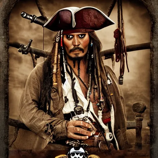 Image similar to jack sparrow drinks rum from bottle at the deck of pirate ship, focus, 3 d illustration, sharp, intricate, poster,, photo, detailed photo, scene from pirates of caribbean