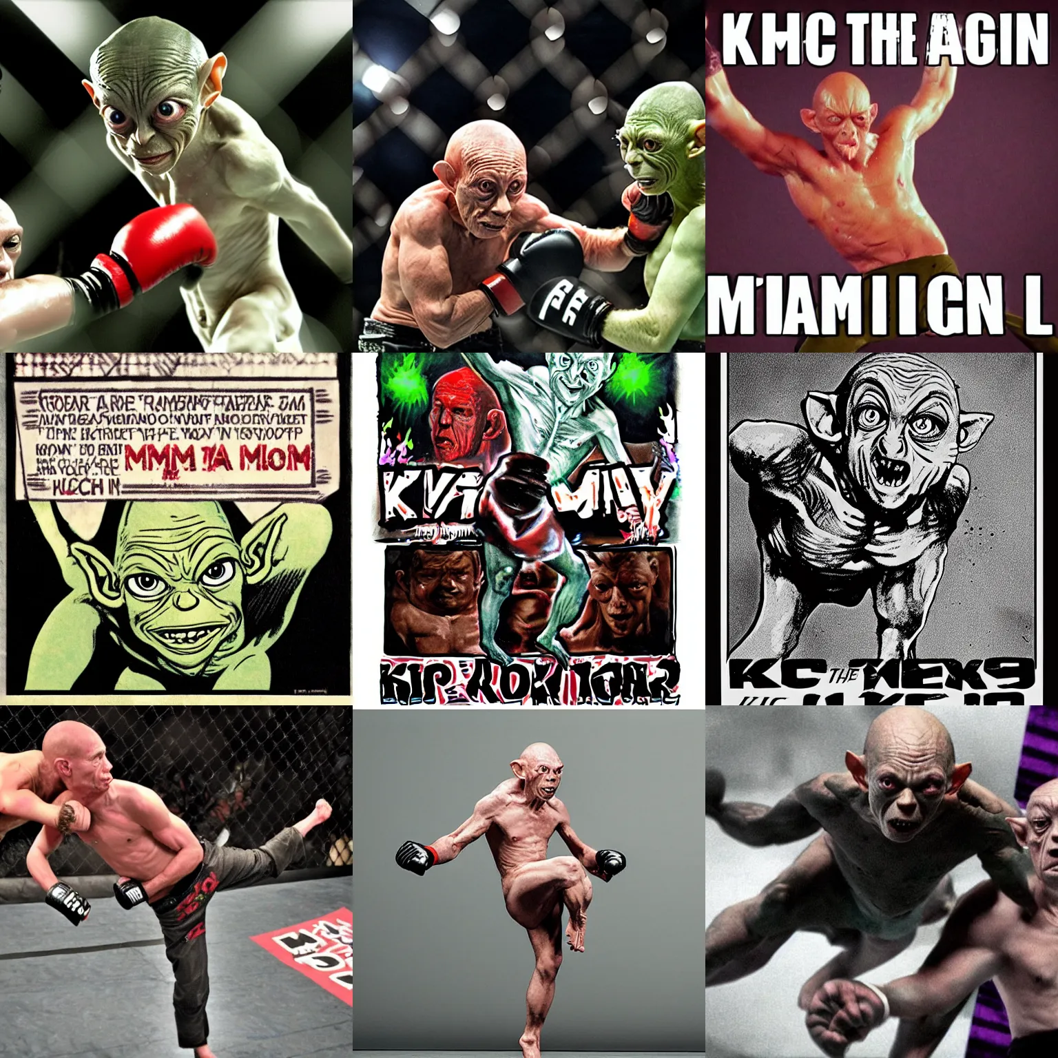 Prompt: kick in the air, mma, gollum