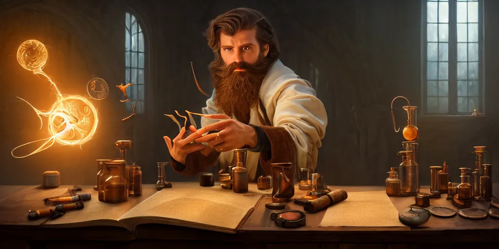 Prompt: a handsome bearded caucasian male sorcerer with brown hair he is casting a spell from a open book on the table, he is in a alchemist lab filled with beakers and equipment, neutral pose, epic composition, 4 k, light rays, super coherent, by dave melvin, dan luvisi and greg rutkowski