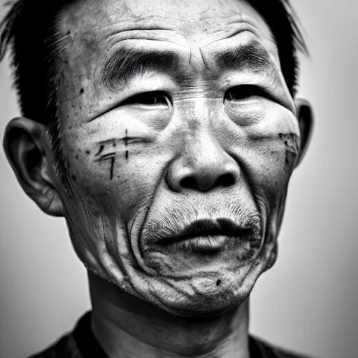 Image similar to grizzled tragic chinese man, age 3 5, with gutterpunk poke and stick face tattoos at dusk, black & white, richard avedon, 5 0 mm, grainy, low light