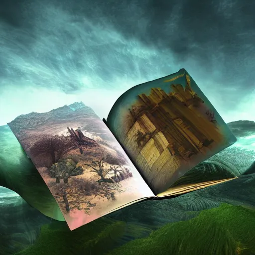 Prompt: a book in a surreal dream landscape, Octan render,realistic, by yog-soggoth