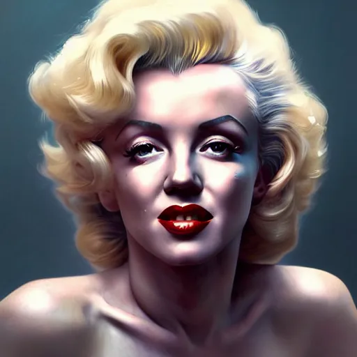 Image similar to a hyper - realistic character concept art portrait of marilyn monroe, depth of field background, artstation, award - winning realistic sci - fi concept art by jim burns and greg rutkowski, beksinski, a realism masterpiece, james gilleard, bruegel, alphonse mucha, and yoshitaka amano.