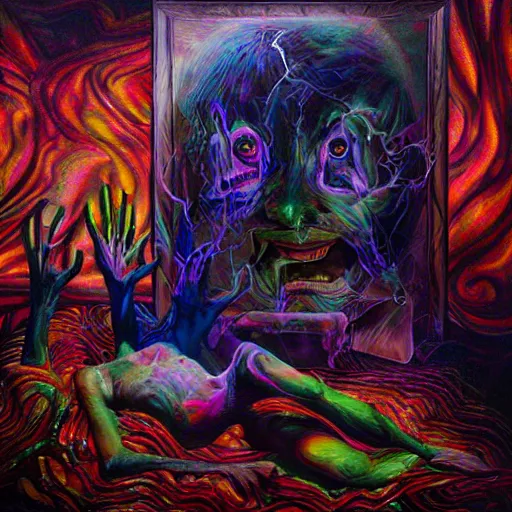 Image similar to Sleep Paralysis Demon, luminous, cracked oil painting, surrealism, conjuring psychedelic background, hypermaximalist, photo realistic