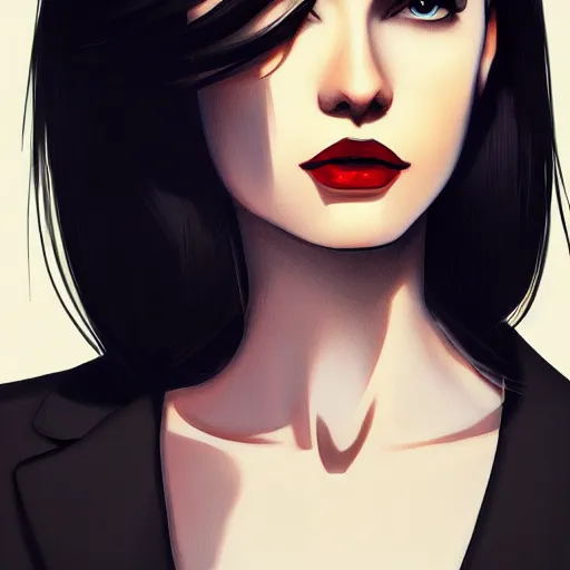 Image similar to slim girl in tuxedo with short black hair, elegant, 2d, ultra highly detailed, digital painting, smooth, sharp focus, artstation, art by Ilya Kuvshinov