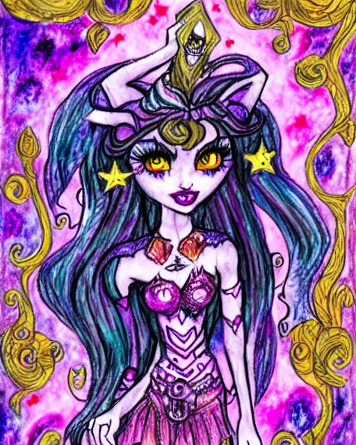 Image similar to josephine wall watercolor pencil drawing of a monster high universe clawdeen wolf fullmoon, stars, sigils and doodles around her, doodles of chibi jesters