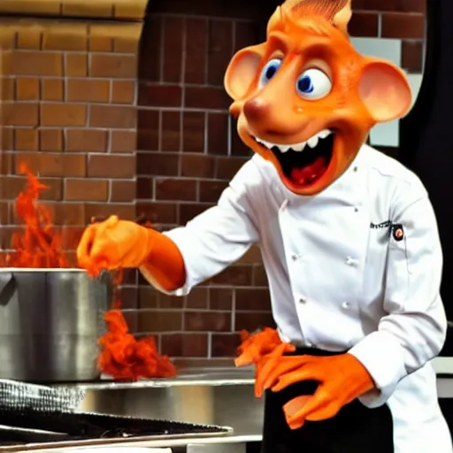 Prompt: Guy Fiery as a rat from Ratatouille trying to show off at a world chef competition