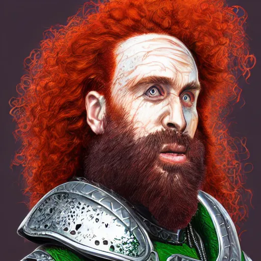 Image similar to portrait of a red haired dwarf - long curly hair, full beard, scar on the forhead, wearing leather armor with green accents, battleaxe on his back art by disney, digital art, highly detailed, intricate, sharp focus, 4 k uhd image