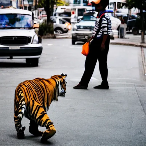 Prompt: photo of tiger with paper bag on its head, in busy street