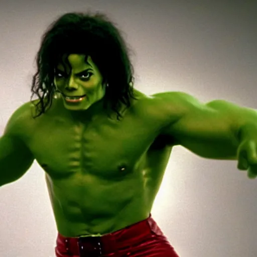 Prompt: michael jackson as the incredible hulk, movie still, 8 k