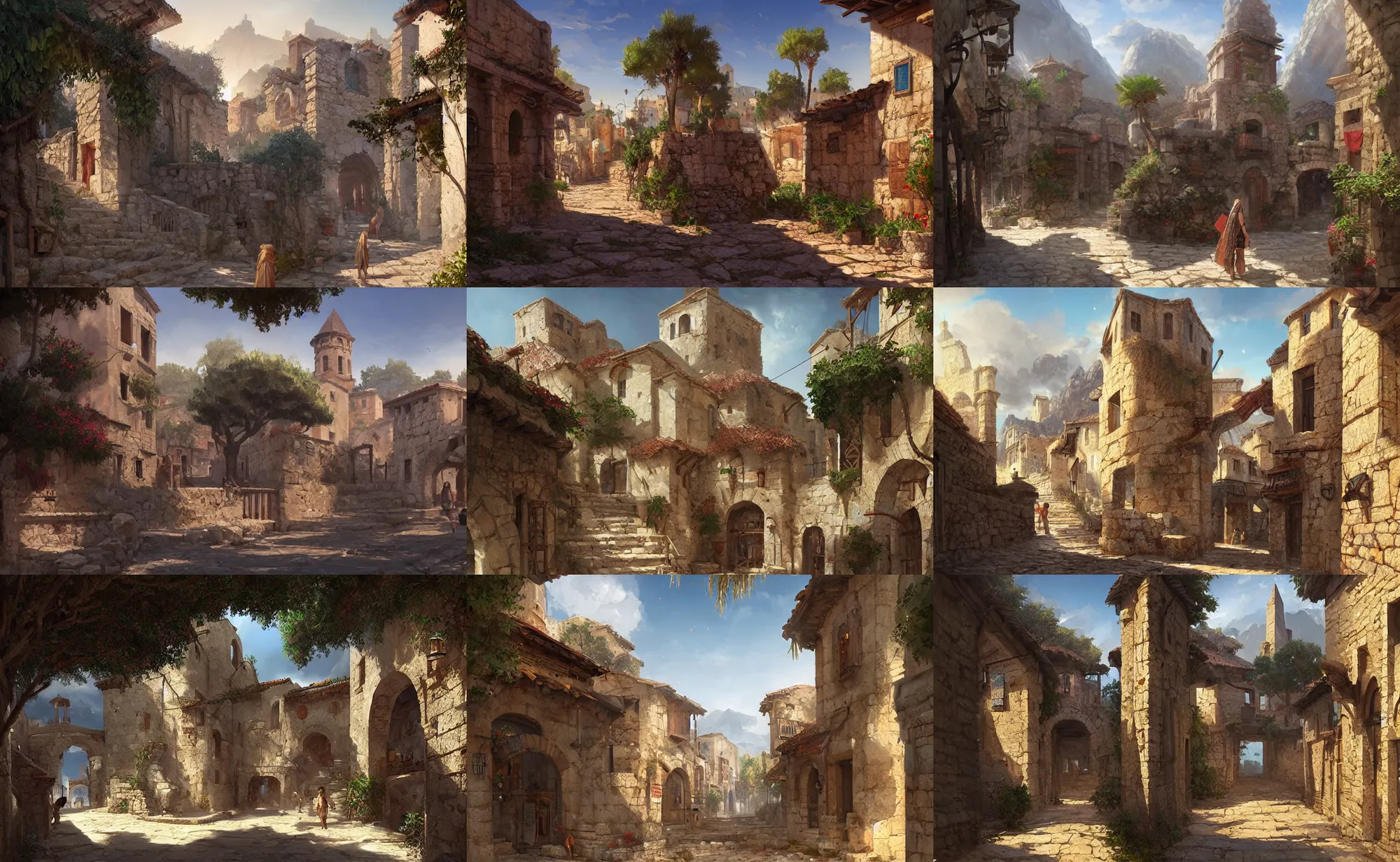 Image similar to ancient mediterranean village, street view, digital painting, artstation, concept art, sharp focus, illustration, art by aleksi briclot and greg rutkowski and raphael lacoste