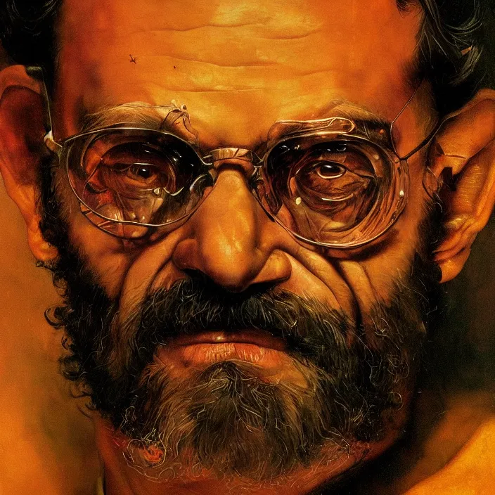 Image similar to a dark close - up retrofuturistic portrait of terence mckenna. reflective detailed textures. soft gloomy dark background. highly detailed fantasy science fiction painting by moebius, norman rockwell, frank frazetta, and syd mead. rich colors, high contrast. artstation