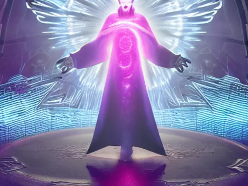 Image similar to a gray faceless figure, ascended, robot wizard, NPC with a saint\'s halo, saintly halo behind their head made of neon filigree, consulting the cyber oracle of all knowledge, at the end of time, in an esoteric ritual exchange of physical code, 8k, 4k, unreal 5, DAZ, trending on artstation, octane render, abstract painting, bright blue future