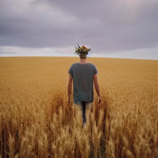 Image similar to kodak portra 4 0 0 photograph of a skinny blonde guy standing in a field of wheat, flower crown, back view, golden ratio, light leak, grain, moody lighting, telephoto, 9 0 s vibe, blurry background, vaporwave colors!, faded!,