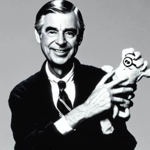 Prompt: Mister Rogers holding a devil puppet on his hand