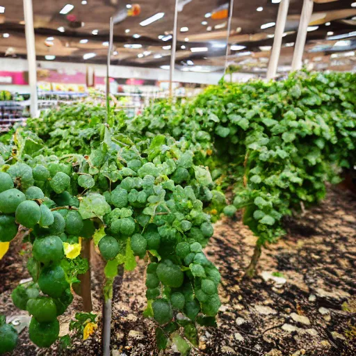 Image similar to a ransacked grocery store, broken signs, filthy flooring. Vines growing. Jpeg artifacts. Award-winning photo. Sigma 40mm f/1.4 DG HSM